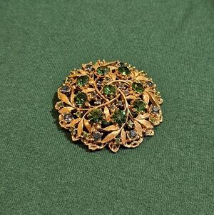 Vintage Florenza Gold Tone Brooch Green And Blue Rhinestone